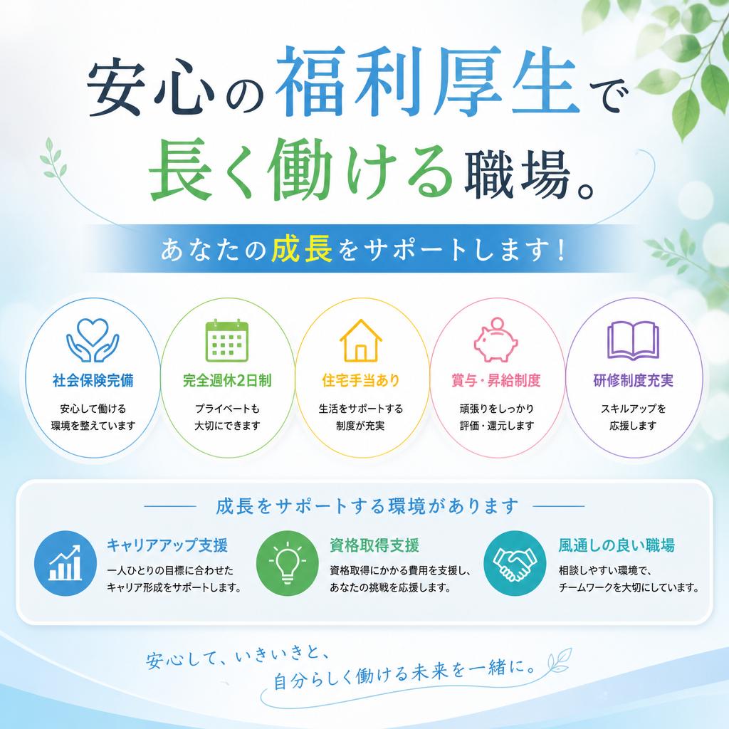 安心の福利厚生で長く働ける職場。あなたの成長をサポートします！