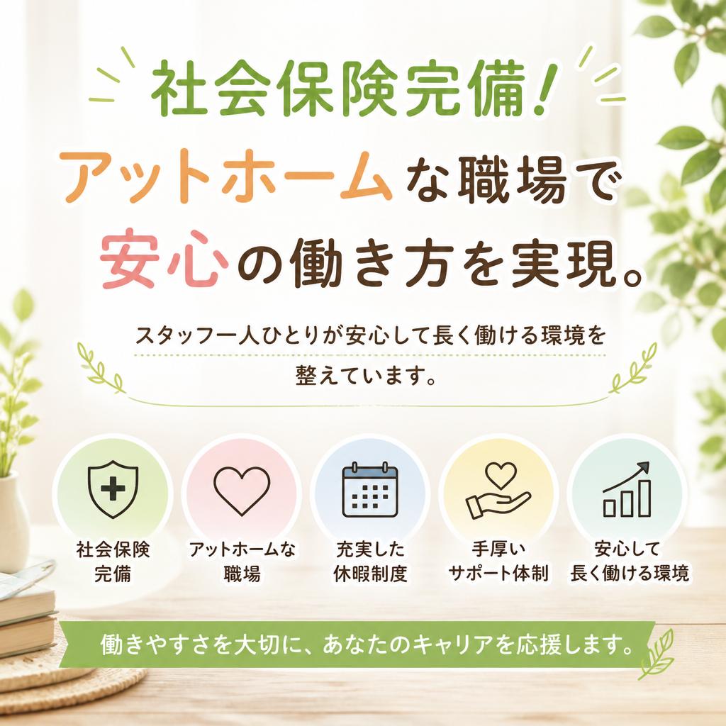 社会保険完備！アットホームな職場で安心の働き方を実現。
